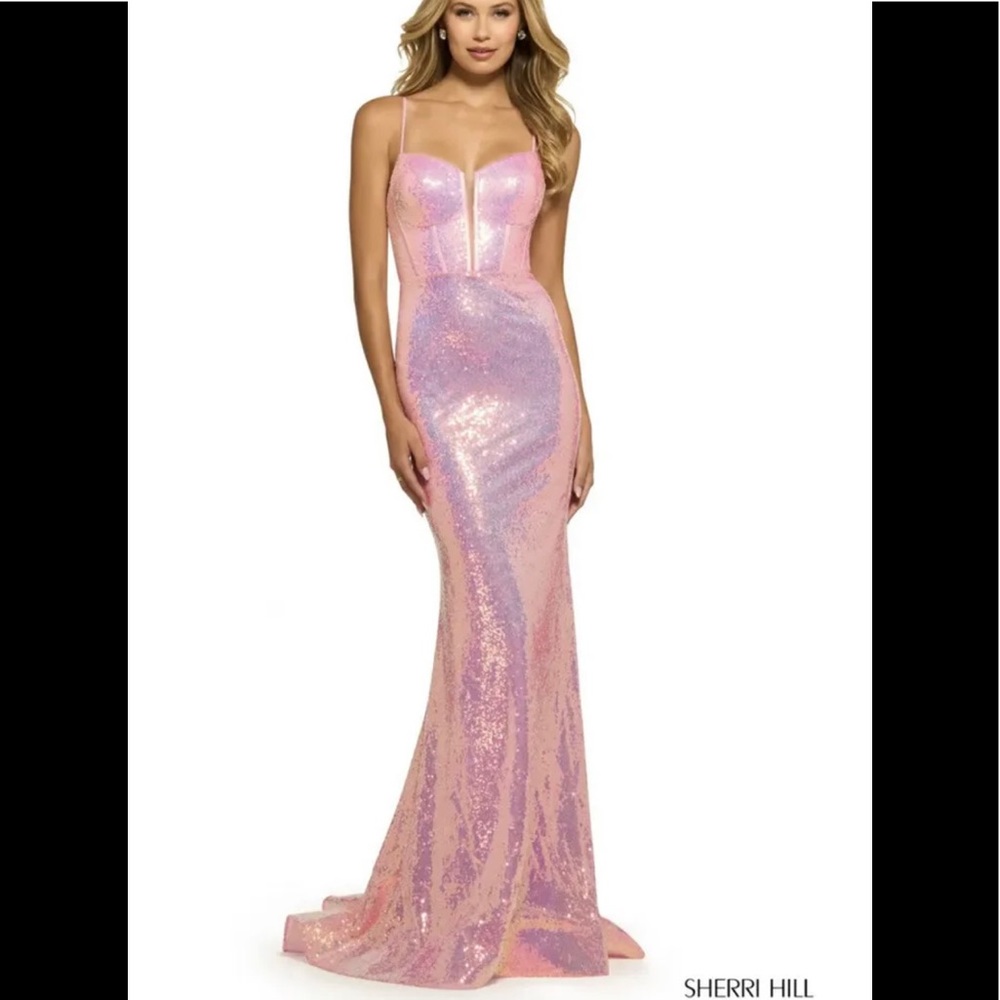 Sherri Hill long pink dress corset top sequin formal prom Barbie size 000 55522